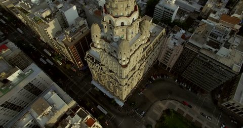 Aerial fly by Palacio Salvo building in Montevideo Uruguay (March 01, 2016 - Montevideo, Uruguay)