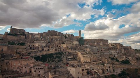 Matera. Timelapse of the stones of Matera, Sassi in Basilicata, Italy with clouds moving