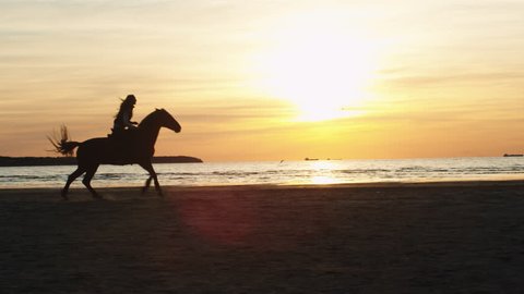 Silhouette of Woman Riding Horse Along Beach Shoreline. Shot on RED Cinema Camera in 4K (UHD).