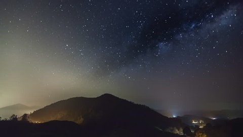 Time lapse: Starry night and clear milkyway view of a secluded mountain at East Coast Malaysia, Pahang, Malaysia. 4K Video. Pan Up Camera Motion