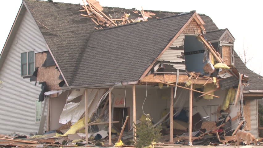 Zooming out from a house that has been destroyed by a tornado.  | Shutterstock HD Video #171859