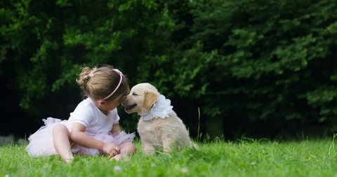 a small girl dressed as a little dancer kissing her little friend puppy dog ??golden retriever sitting on a lawn and happiness 
concept of friendship , friendship between dogs and humans . connection