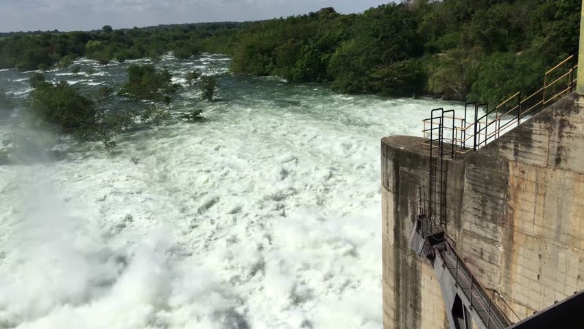 Udawalawe Dam with all four spillways open creating a big stream of water in Sri lanka