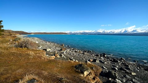 Lake Pukaki with bright blue, turquoise water in winter