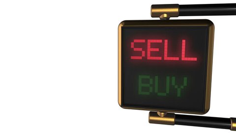 Looped animated background: 3d old-style golden street traffic light with alternately changing the words "SELL/ BUY" red and green color on the black pixels. 4k. Seamless loop. Alpha matte.