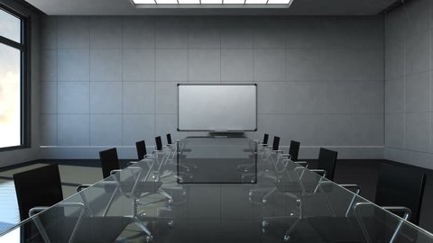 Conference room, brainstorming, forward moving camera, front white board presentation. day time.3D rendering.