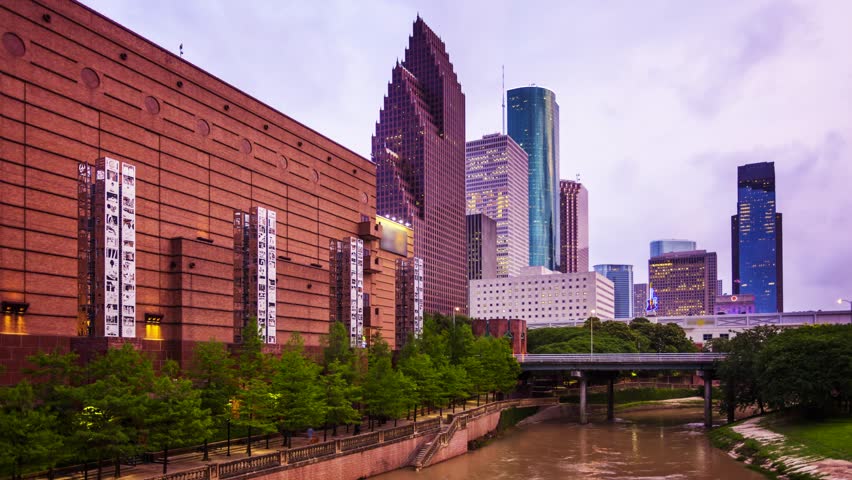 Houston, Texas downtown cityscape at night, timelapse