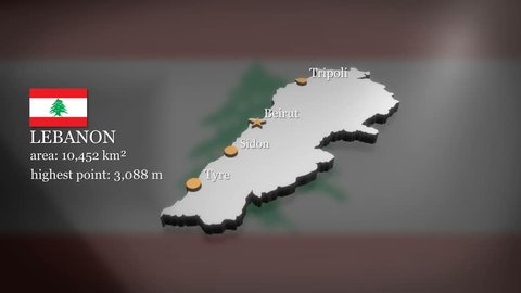Seamless looping 3D animation of the map of Lebanon including 2 versions and alpha matte