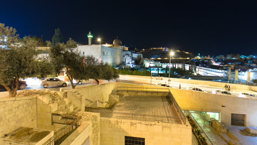 Jerusalem at night timelapse hyperlapse with the Al-Aqsa Mosque and the Mount of Olives