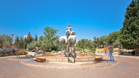 The Lions Fountain timelapse hyperlapse located in a park in the Yemin Moshe. JERUSALEM, ISRAEL