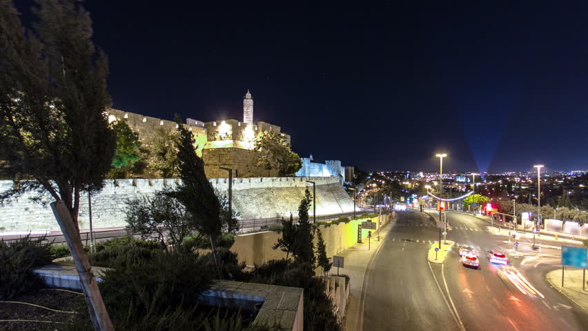 Traffic at Jaffa street and Tower of David at night timelapse hyperlapse. JERUSALEM, ISRAEL