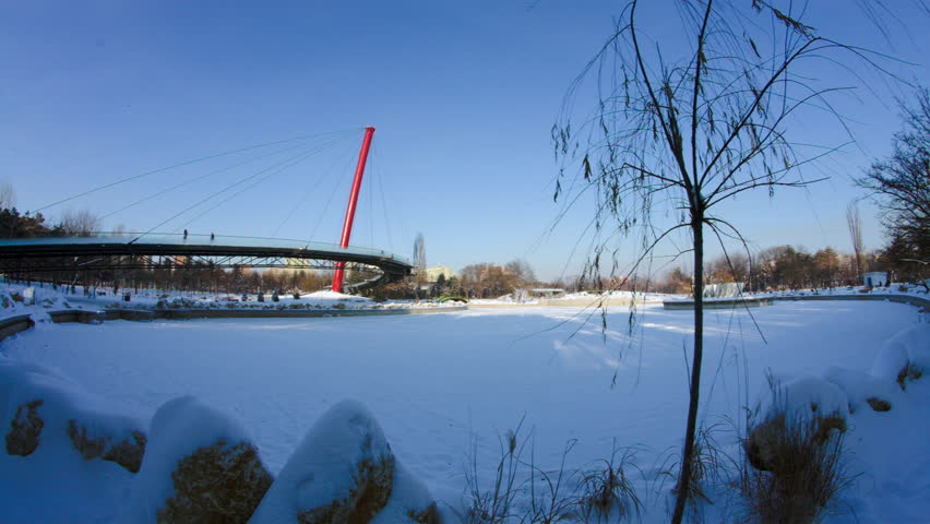 Winter In A Park With People Passing On A Distant Bridge