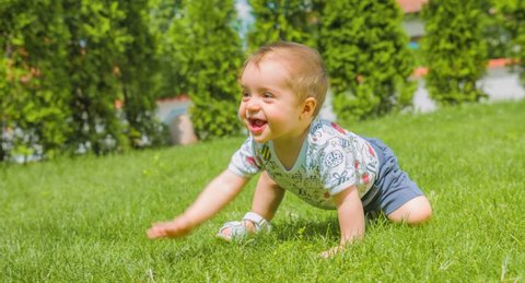 Happy Baby Boy Sitting Park Cute Cheerful Infant Enjoying Laughing Toddler  Footage Relaxing