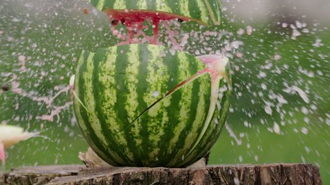 Watermelon gun shot in native slow motion scene on green background