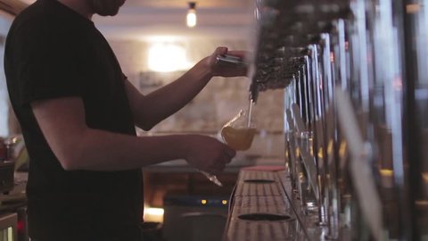 Bartender Pouring Craft Beer From Tap. Bartender pouring a perfect draft beer and serving client.