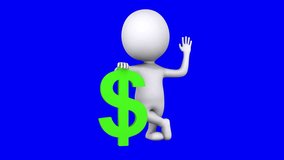 3d white man stand with green dollar sign. Wave hello. Render isolated on blue screen chroma key. Money concept.