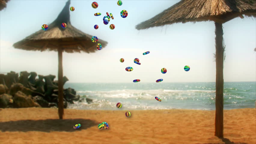 Colorful Objects Falling and Summer Time text against seaside and beach