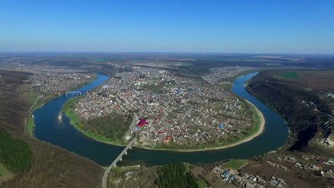 Aerial Zalishchyky Ukraine. River around the city. River Snake