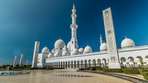 Fountain at Sheikh Zayed Grand Mosque timelapse hyperlapse  located in Abu Dhabi. Mosque was initiated by late President of UAE Sheikh Zayed bin Sultan Al Nahyan. It is largest mosque in UAE. Blue sky
