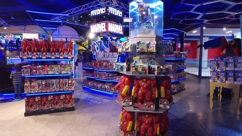MOSCOW, RUSSIA - JANUARY 22, 2016: Marvel Studios kids department store. Marvel Studios is an American motion picture studio based at the Walt Disney Studios