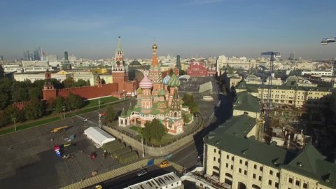 Saint Basil's Cathedral, Moscow Kremlin, Red square. City center, downtown. Unique aerial FPV Drone shot. High altitude flight. Morning. UltraHD 4K