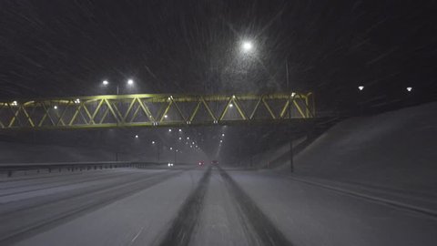 Driving on the highway at night in the snow