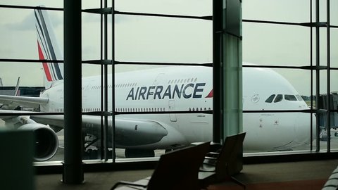 PARIS, FRANCE - JUNE 11: Huge A380 Airbus airplane is seen on Charles de Gaulle International Airport on June 11, 2016 in Paris. Air France announced a pilot strike between 11 and 14 of June.