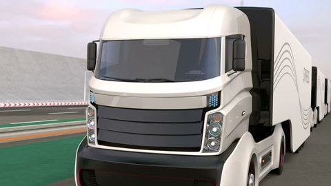 Fleet of autonomous hybrid trucks driving on wireless charging lane. 3D rendering animation.