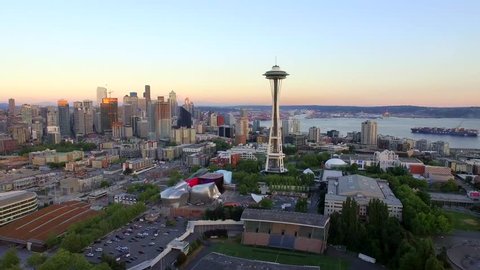 Seattle Skyline Sunset Aerial 4k stock video.