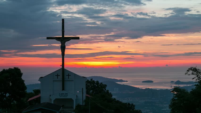 The cross on the background of cloud flow , Time lapse sunset cloud and cross
