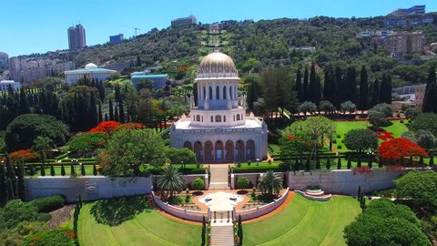Bahai temple and gardens - Aerial footage towards the golden dome 