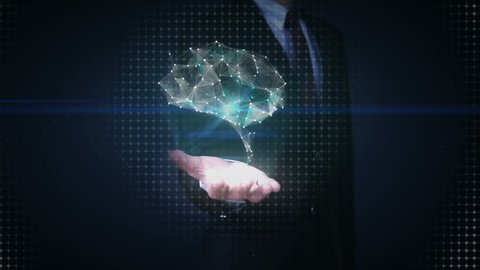 Businessman open palms, Brain connect digital lines, expanding artificial intelligence