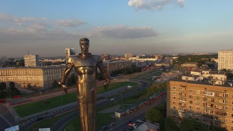 Famous Russian landmark Square in Moscow. Sunset. Leninsky ave. Aerial drone view. Unique flight. Ultra HD 4K