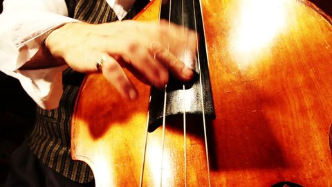 Musician and Double Bass playing jazz wide low angle
