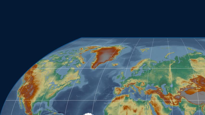 Zoomed-in view of a Greenland outline with perspective lines against a global relief map in the Kavrayskiy VII projection