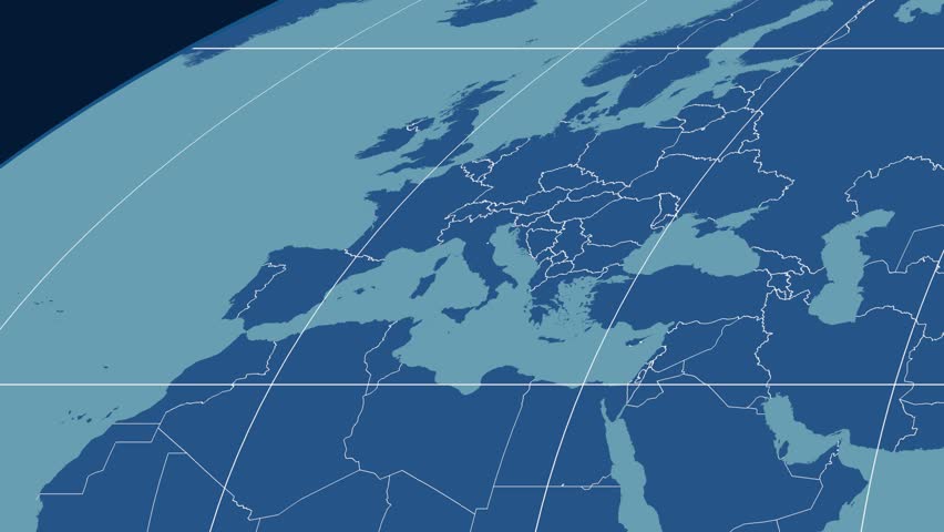 Zoomed-in view of a Italy outline with perspective lines against a global admin map in the Mollweide projection