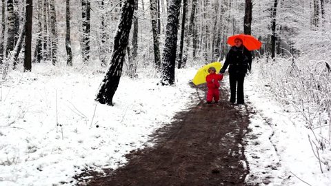 Woman and little girl walking in snow-covered park holding hands, they have colored umbrellas