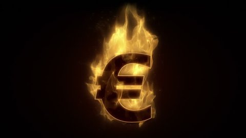 Fiery euro sign  burning in loop with particles