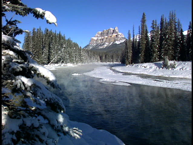 Winter scene of Castle mountain and Bow River