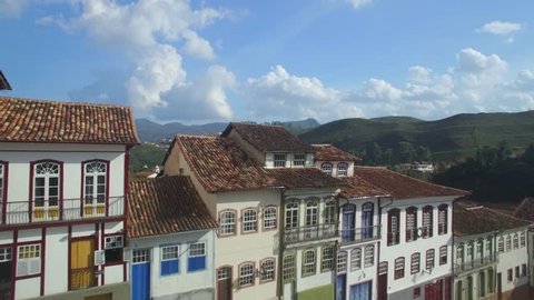 Aerial flight over colonial houses to reveal town of Ouro Preto, Minas Gerais, Brazil