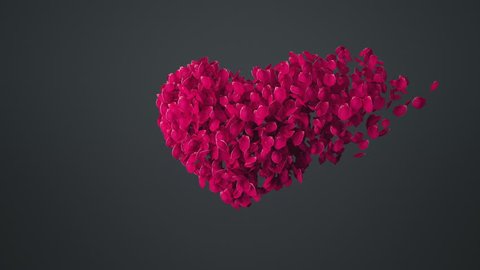 Heart shaped rose leaves disperse, with alpha. 3d animation 4k