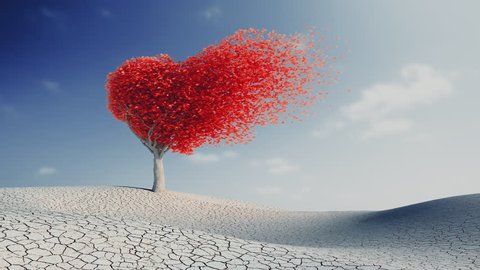 Leaves disperse from heart shaped tree, with alpha. 3d animation 4k