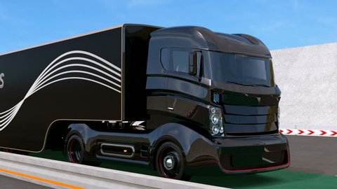 Fleet of autonomous hybrid trucks driving on wireless charging lane. 3D rendering animation.