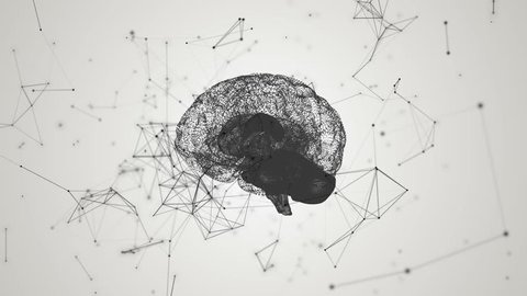 Human brain being formed by revolving particles. Plexus structure evolving around. Black and white abstract futuristic science and technology motion background. 3D rendering. Depth of field settings.