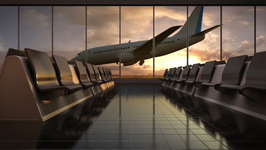 Arrival airplane in flight waiting hall. lounge.sunset. moving camera. | Shutterstock HD Video #17343763