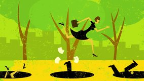Avoiding Business Pitfalls
A business woman jumping over pitfalls while others fall into them. 