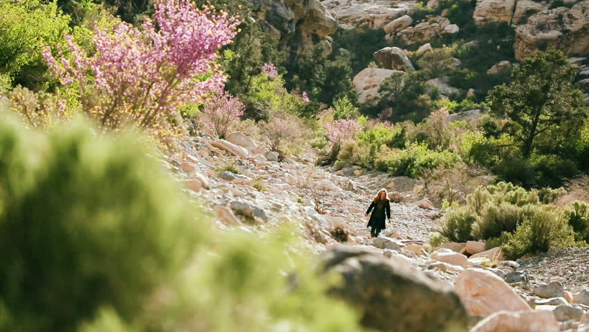 Woman walking in and out of focus down a beautiful canyon with green and pink foliage
