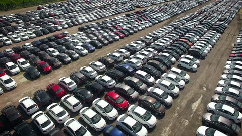 Aerial view of storage parking with new unsold cars