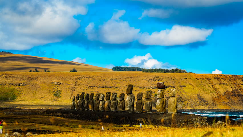 Time lapse of clouds over Ahu Tongariki at Rapa Nui National Park in Easter Island, Chile 4K DCI
