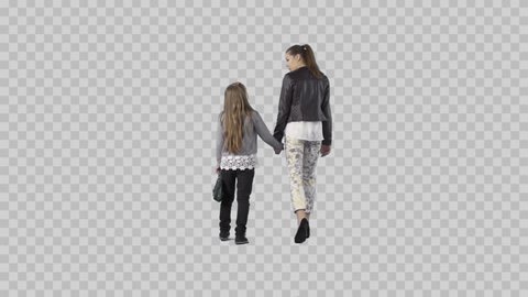 Beautiful young woman and daughter are walking from the camera. Camera is static. Lens 85 mm. Footage with alpha channel. File format - .mov, codec PNG+Alpha